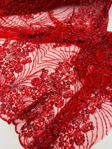 Royalty Damask Beaded Lace Fabric - Damask Pattern, Beaded Mesh, 54" Width (1 Yard)