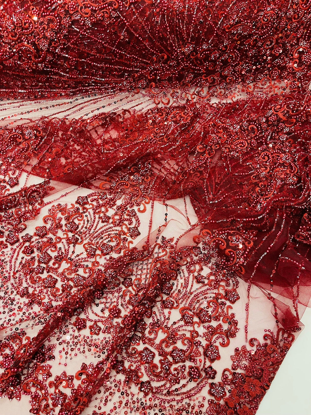 Royalty Damask Beaded Lace Fabric - Damask Pattern, Beaded Mesh, 54" Width (1 Yard)