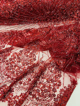 Royalty Damask Beaded Lace Fabric - Damask Pattern, Beaded Mesh, 54" Width (1 Yard)