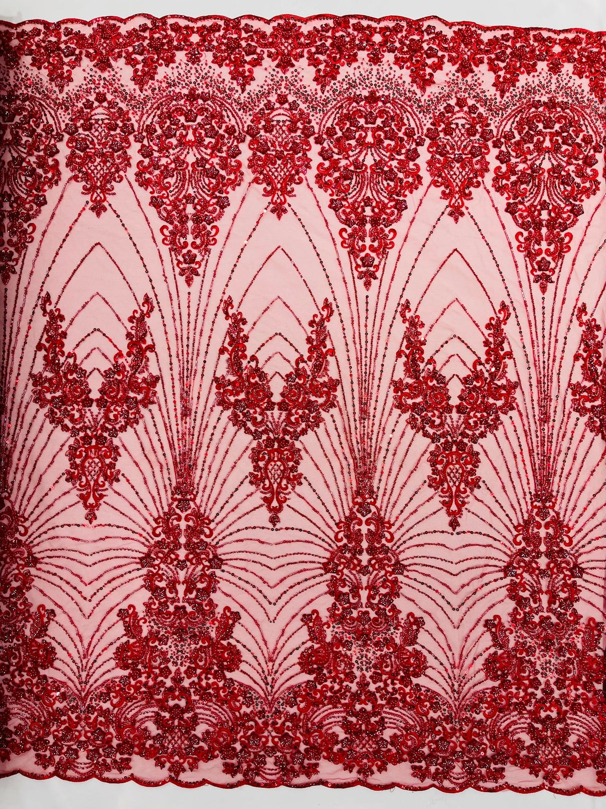 Royalty Damask Beaded Lace Fabric - Damask Pattern, Beaded Mesh, 54" Width (1 Yard)