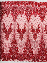 Royalty Damask Beaded Lace Fabric - Damask Pattern, Beaded Mesh, 54" Width (1 Yard)