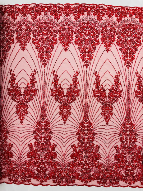 Royalty Damask Beaded Lace Fabric - Damask Pattern, Beaded Mesh, 54" Width (1 Yard)