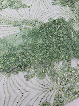 Royalty Damask Beaded Lace Fabric - Damask Pattern, Beaded Mesh, 54" Width (1 Yard)