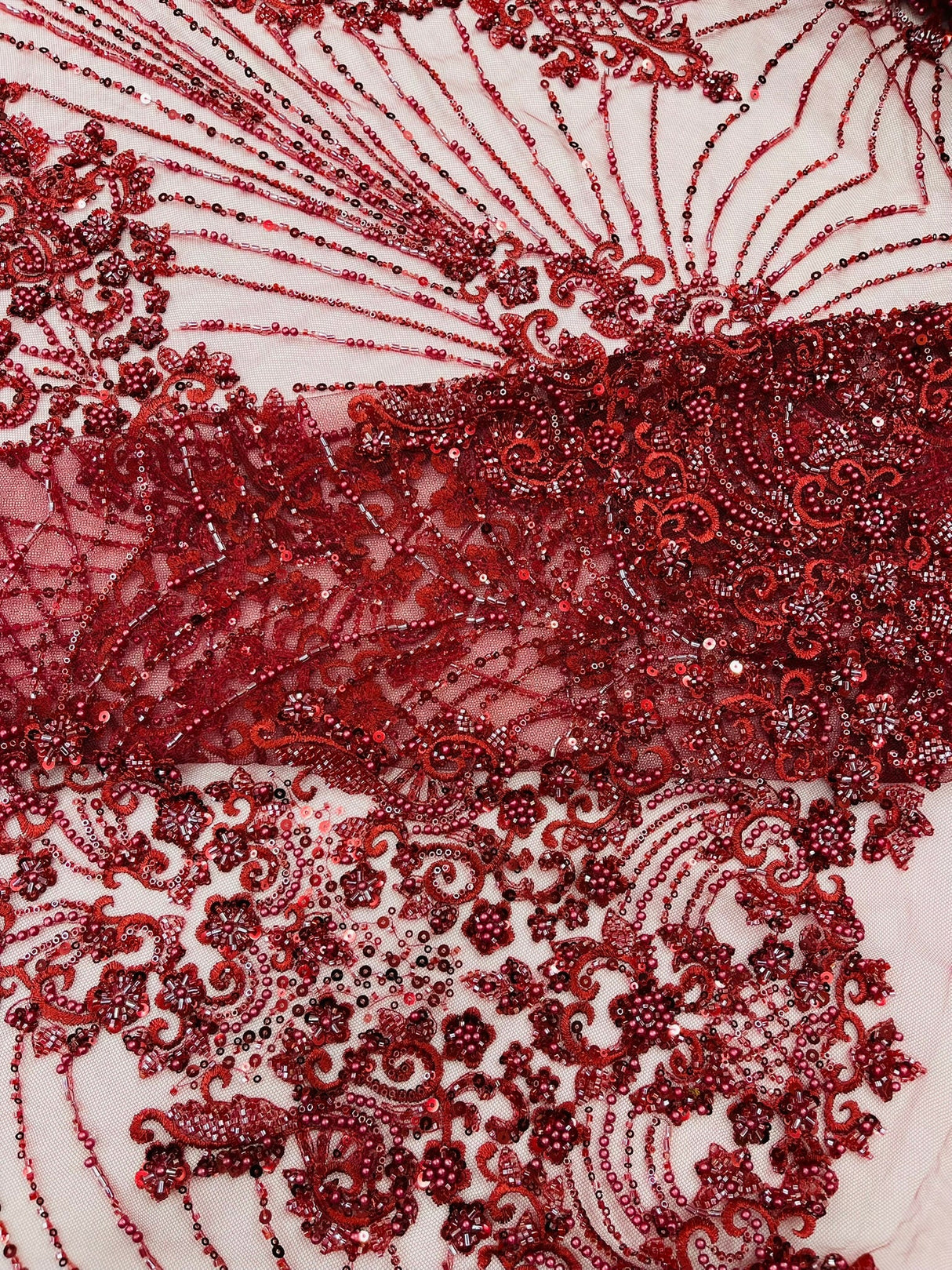 Royalty Damask Beaded Lace Fabric - Damask Pattern, Beaded Mesh, 54" Width (1 Yard)