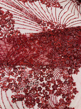 Royalty Damask Beaded Lace Fabric - Damask Pattern, Beaded Mesh, 54" Width (1 Yard)