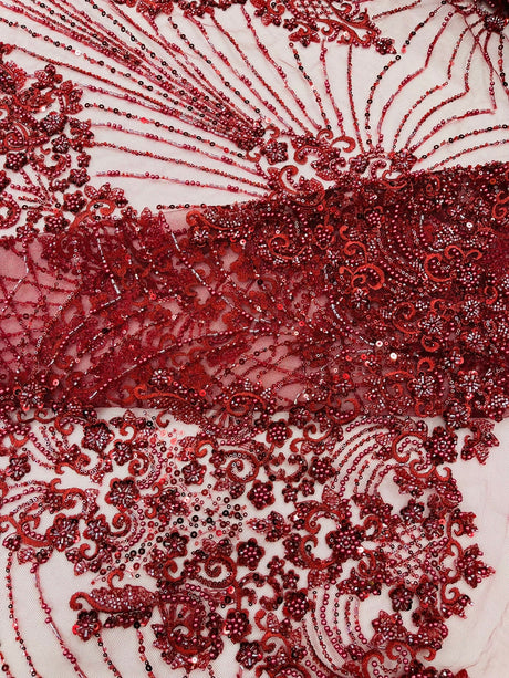 Royalty Damask Beaded Lace Fabric - Damask Pattern, Beaded Mesh, 54" Width (1 Yard)