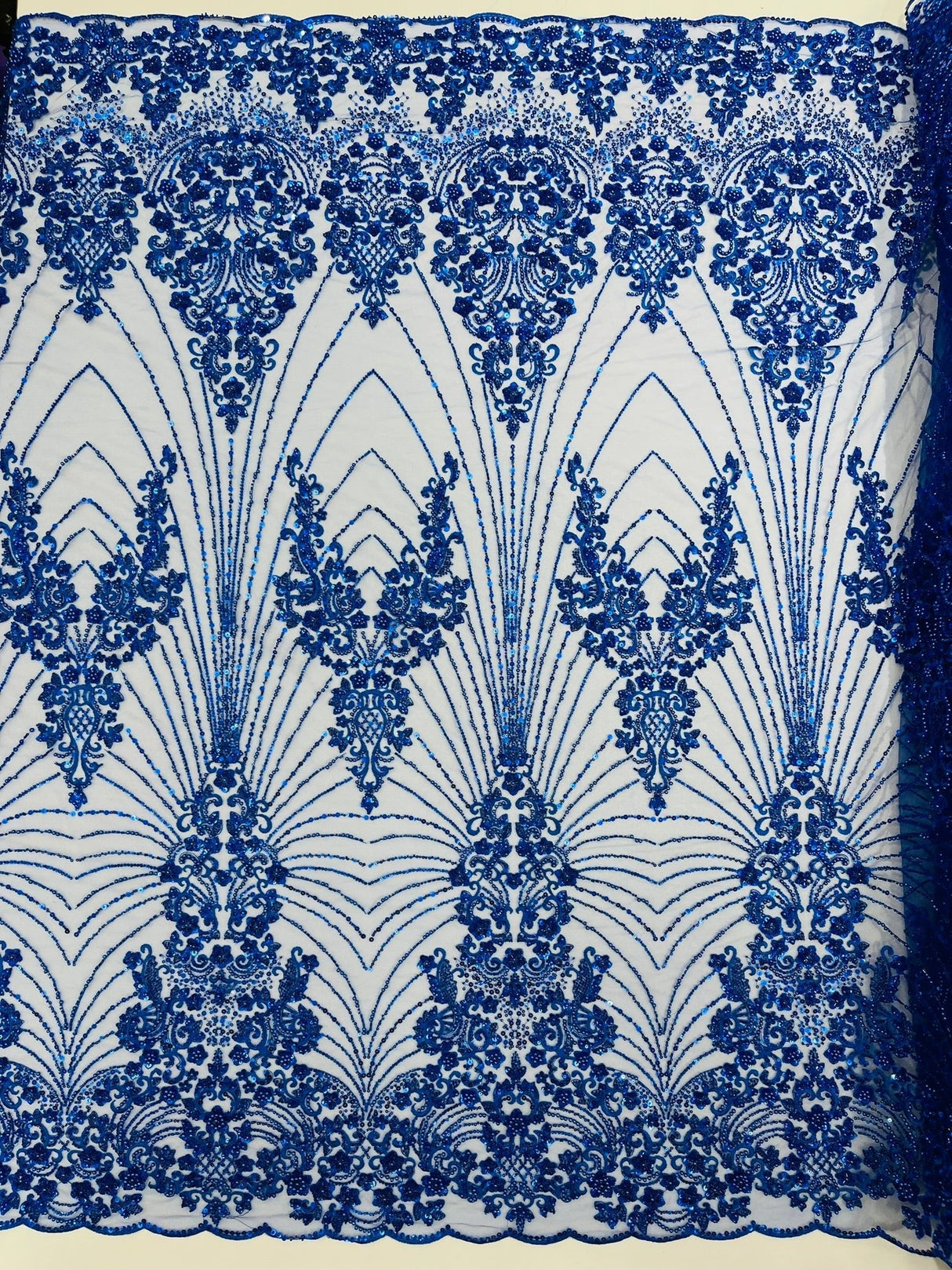 Royalty Damask Beaded Lace Fabric - Damask Pattern, Beaded Mesh, 54" Width (1 Yard)