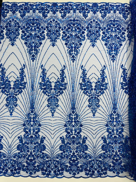 Royalty Damask Beaded Lace Fabric - Damask Pattern, Beaded Mesh, 54" Width (1 Yard)