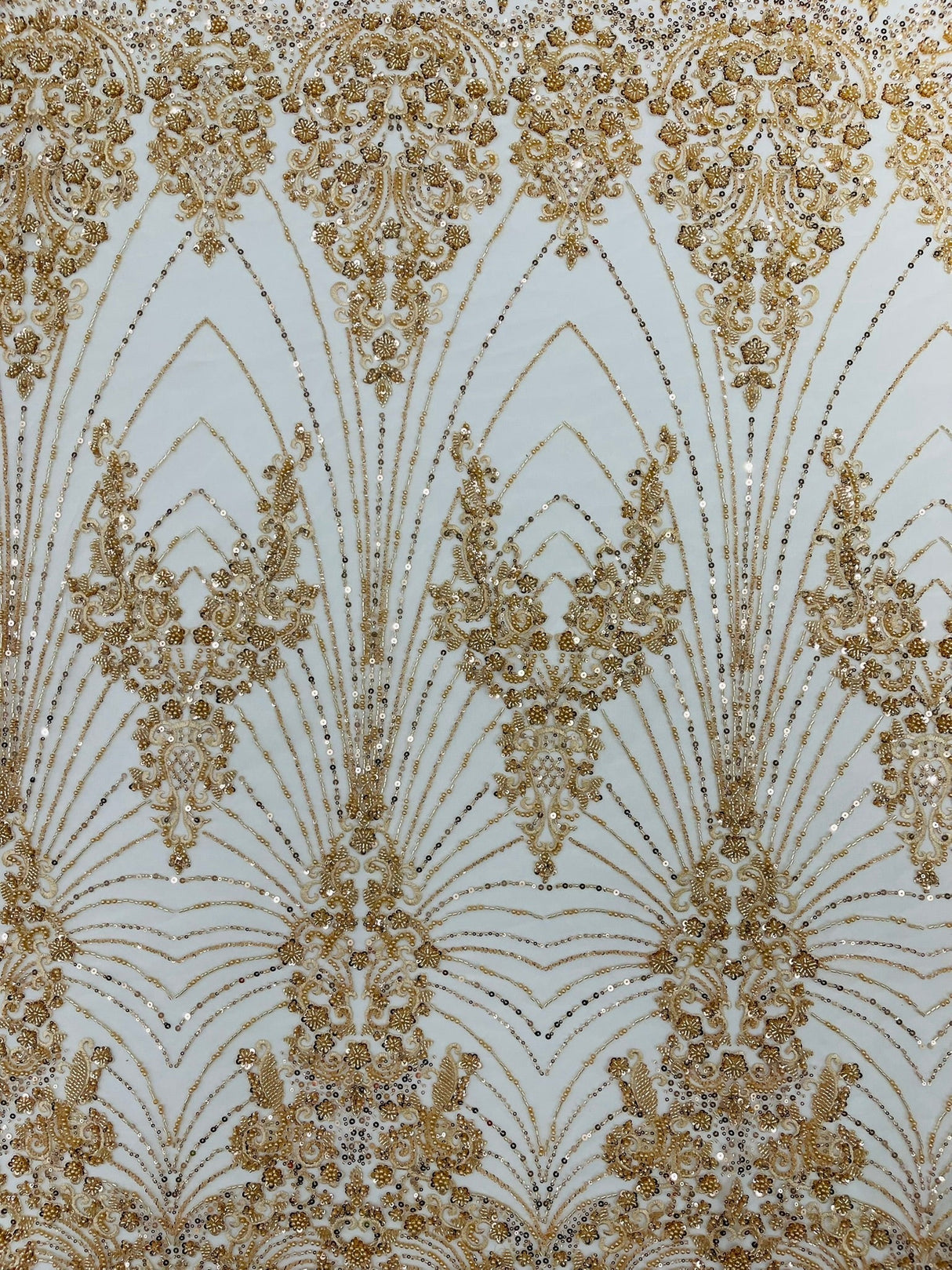 Royalty Damask Beaded Lace Fabric - Damask Pattern, Beaded Mesh, 54" Width (1 Yard)