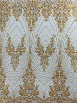 Royalty Damask Beaded Lace Fabric - Damask Pattern, Beaded Mesh, 54" Width (1 Yard)