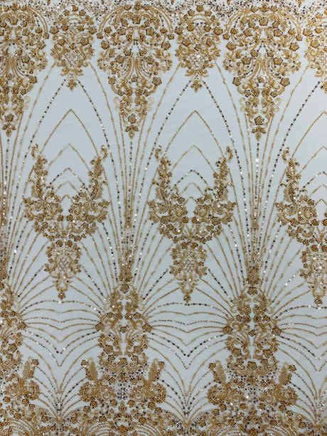 Royalty Damask Beaded Lace Fabric - Damask Pattern, Beaded Mesh, 54" Width (1 Yard)