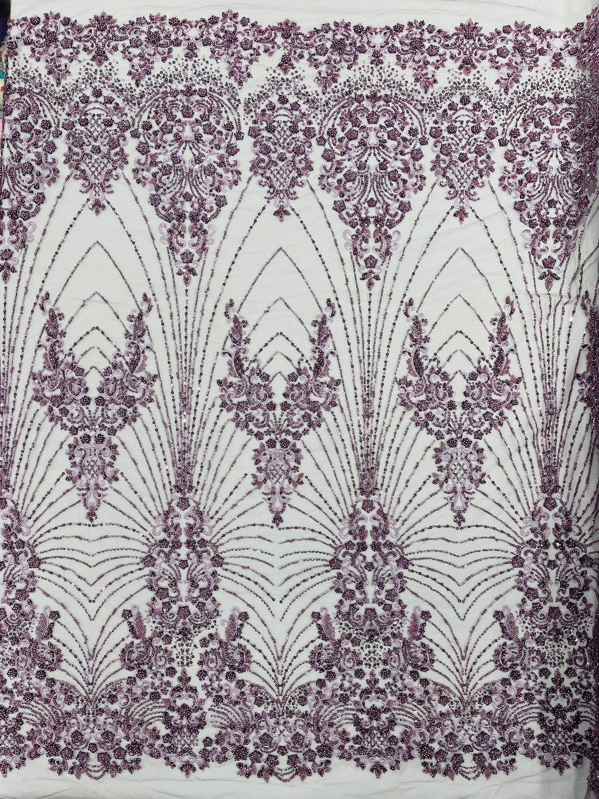 Royalty Damask Beaded Lace Fabric - Damask Pattern, Beaded Mesh, 54" Width (1 Yard)
