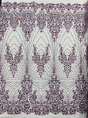 Royalty Damask Beaded Lace Fabric - Damask Pattern, Beaded Mesh, 54" Width (1 Yard)