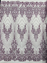 Royalty Damask Beaded Lace Fabric - Damask Pattern, Beaded Mesh, 54" Width (1 Yard)