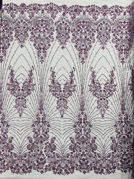 Royalty Damask Beaded Lace Fabric - Damask Pattern, Beaded Mesh, 54" Width (1 Yard)