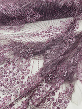 Royalty Damask Beaded Lace Fabric - Damask Pattern, Beaded Mesh, 54" Width (1 Yard)