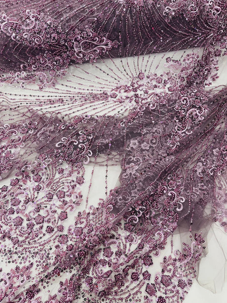 Royalty Damask Beaded Lace Fabric - Damask Pattern, Beaded Mesh, 54" Width (1 Yard)