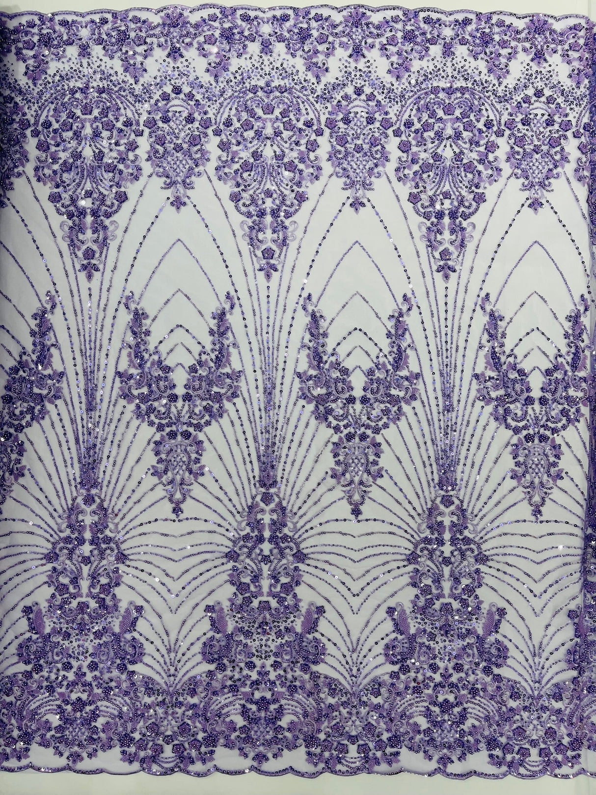 Royalty Damask Beaded Lace Fabric - Damask Pattern, Beaded Mesh, 54" Width (1 Yard)