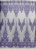 Royalty Damask Beaded Lace Fabric - Damask Pattern, Beaded Mesh, 54" Width (1 Yard)