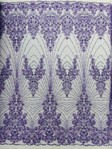 Royalty Damask Beaded Lace Fabric - Damask Pattern, Beaded Mesh, 54" Width (1 Yard)
