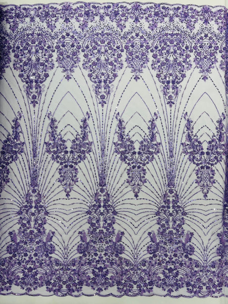 Royalty Damask Beaded Lace Fabric - Damask Pattern, Beaded Mesh, 54" Width (1 Yard)