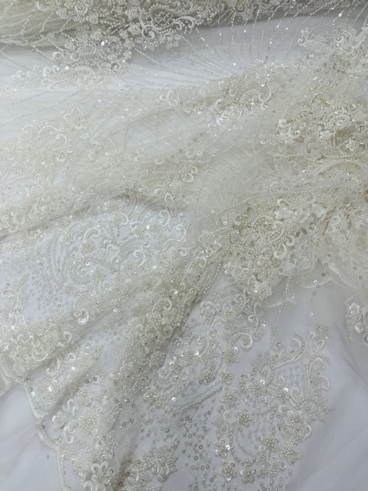 Royalty Damask Beaded Lace Fabric - Damask Pattern, Beaded Mesh, 54" Width (1 Yard)