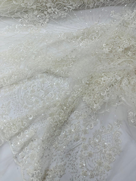 Royalty Damask Beaded Lace Fabric - Damask Pattern, Beaded Mesh, 54" Width (1 Yard)