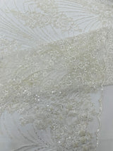 Royalty Damask Beaded Lace Fabric - Damask Pattern, Beaded Mesh, 54" Width (1 Yard)