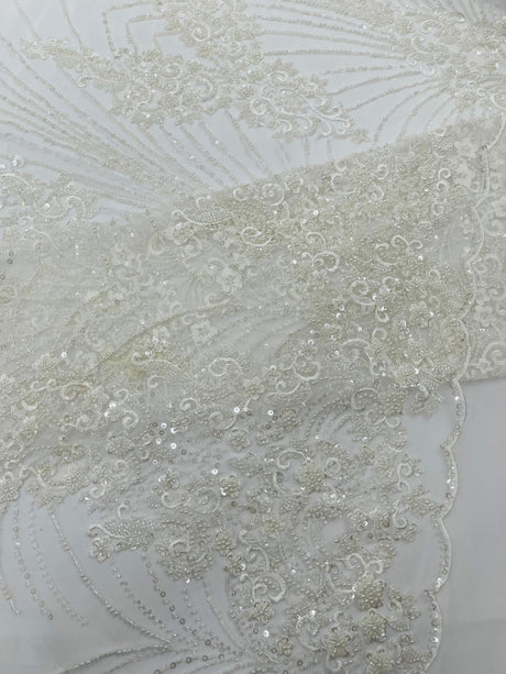 Royalty Damask Beaded Lace Fabric - Damask Pattern, Beaded Mesh, 54" Width (1 Yard)