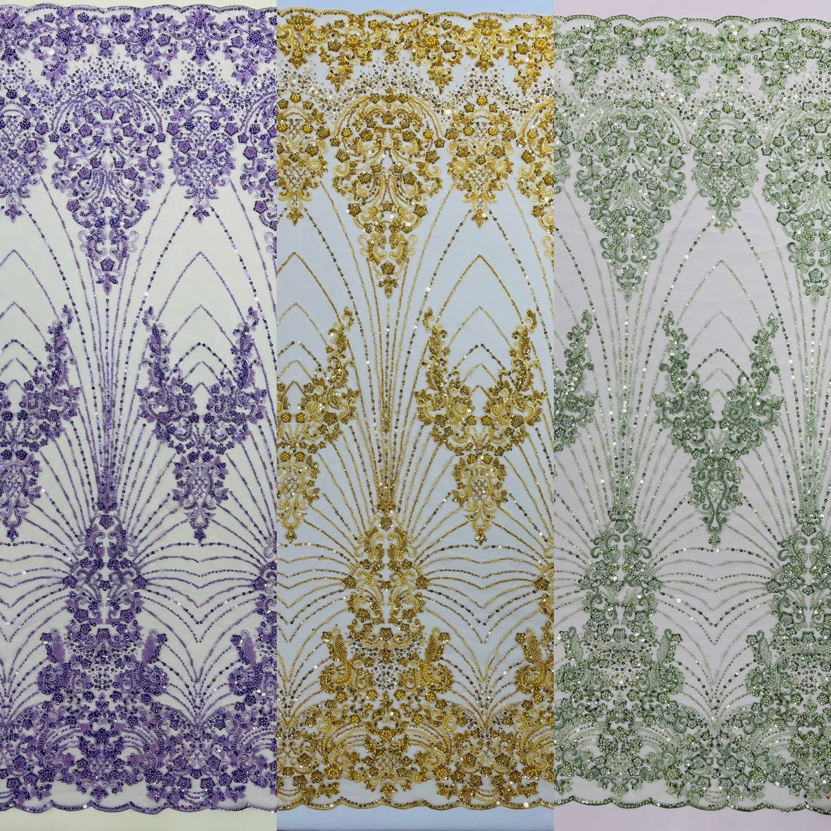 Royalty Damask Beaded Lace Fabric - Damask Pattern, Beaded Mesh, 54" Width (1 Yard)