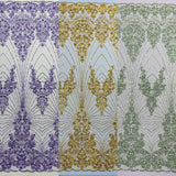 Royalty Damask Beaded Lace Fabric - Damask Pattern, Beaded Mesh, 54" Width (1 Yard)