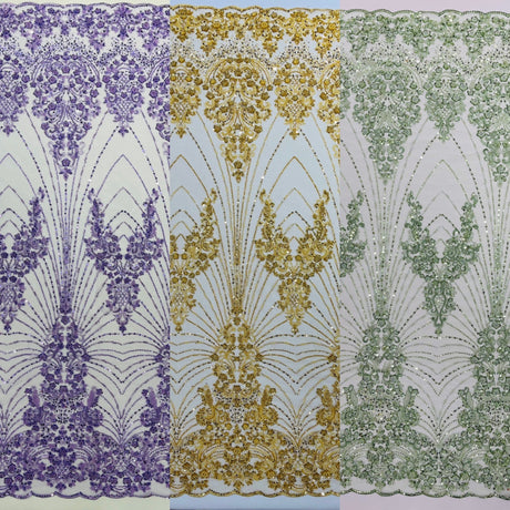 Royalty Damask Beaded Lace Fabric - Damask Pattern, Beaded Mesh, 54" Width (1 Yard)