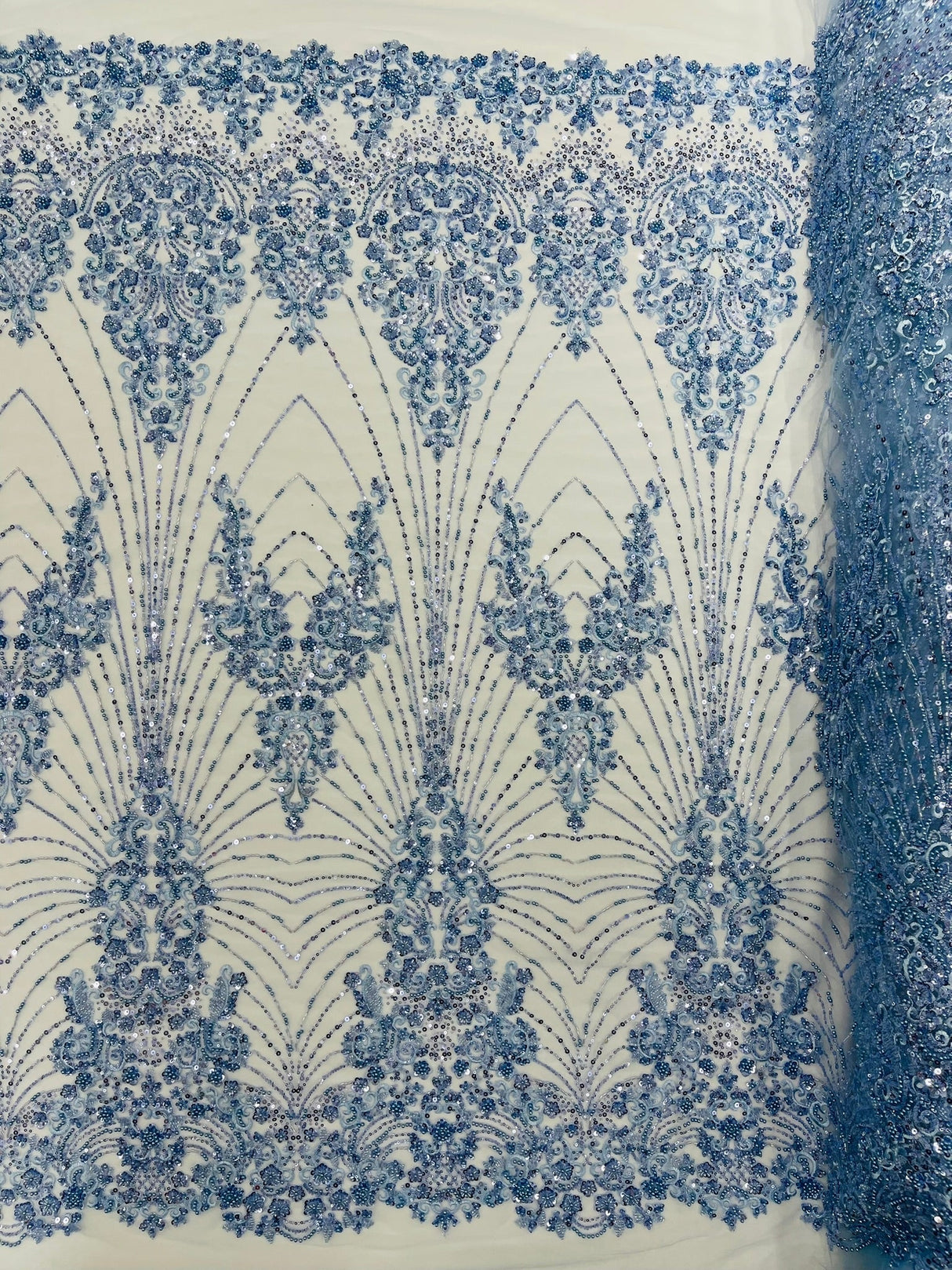 Royalty Damask Beaded Lace Fabric - Damask Pattern, Beaded Mesh, 54" Width (1 Yard)