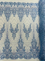 Royalty Damask Beaded Lace Fabric - Damask Pattern, Beaded Mesh, 54" Width (1 Yard)