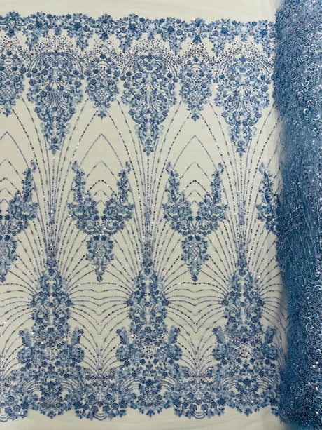 Royalty Damask Beaded Lace Fabric - Damask Pattern, Beaded Mesh, 54" Width (1 Yard)