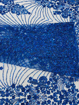 Royalty Damask Beaded Lace Fabric - Damask Pattern, Beaded Mesh, 54" Width (1 Yard)