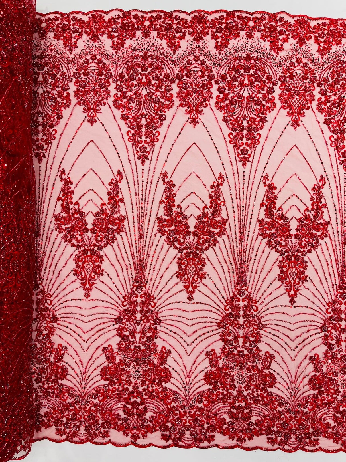 Royalty Damask Beaded Lace Fabric - Damask Pattern, Beaded Mesh, 54" Width (1 Yard)