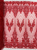 Royalty Damask Beaded Lace Fabric - Damask Pattern, Beaded Mesh, 54" Width (1 Yard)