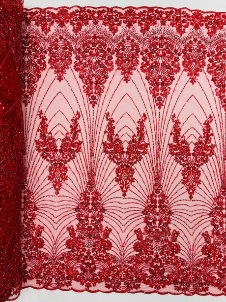 Royalty Damask Beaded Lace Fabric - Damask Pattern, Beaded Mesh, 54" Width (1 Yard)