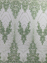 Royalty Damask Beaded Lace Fabric - Damask Pattern, Beaded Mesh, 54" Width (1 Yard)