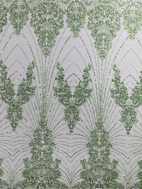 Royalty Damask Beaded Lace Fabric - Damask Pattern, Beaded Mesh, 54" Width (1 Yard)