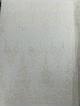 Royalty Damask Beaded Lace Fabric - Damask Pattern, Beaded Mesh, 54" Width (1 Yard)