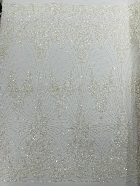 Royalty Damask Beaded Lace Fabric - Damask Pattern, Beaded Mesh, 54" Width (1 Yard)