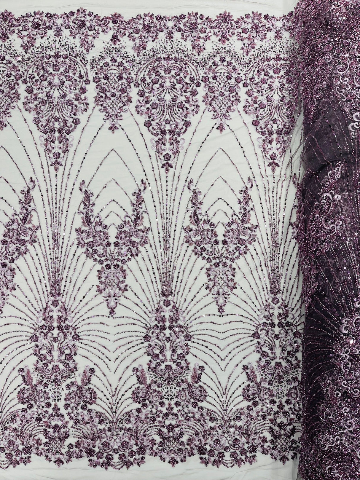 Royalty Damask Beaded Lace Fabric - Damask Pattern, Beaded Mesh, 54" Width (1 Yard)