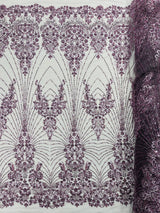 Royalty Damask Beaded Lace Fabric - Damask Pattern, Beaded Mesh, 54" Width (1 Yard)