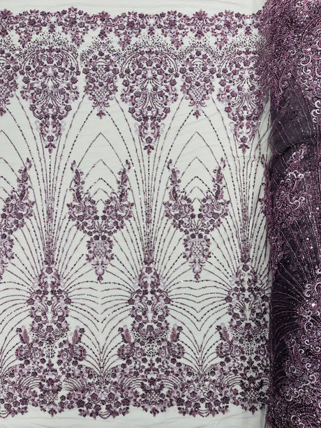 Royalty Damask Beaded Lace Fabric - Damask Pattern, Beaded Mesh, 54" Width (1 Yard)
