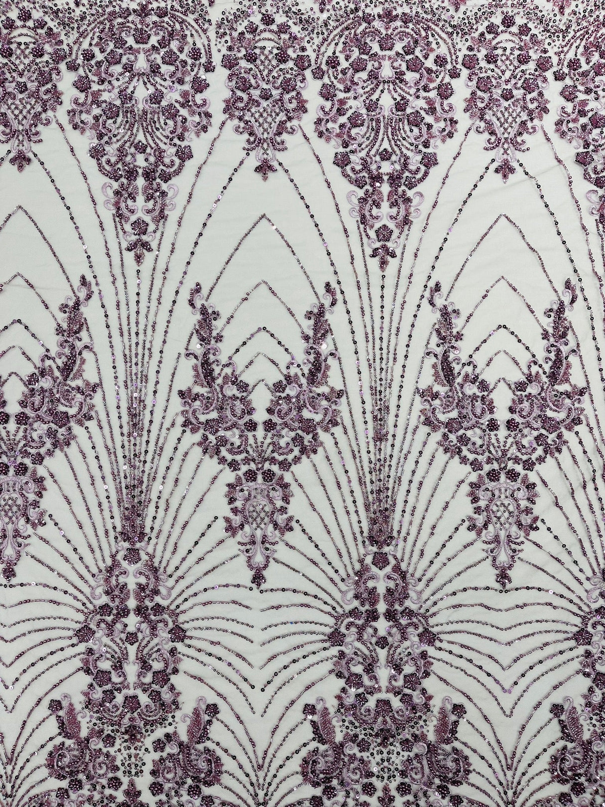 Royalty Damask Beaded Lace Fabric - Damask Pattern, Beaded Mesh, 54" Width (1 Yard)