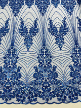 Royalty Damask Beaded Lace Fabric - Damask Pattern, Beaded Mesh, 54" Width (1 Yard)