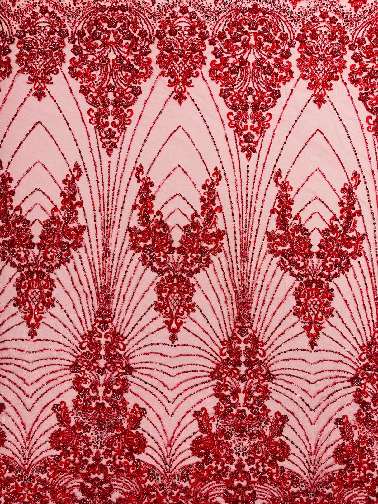 Royalty Damask Beaded Lace Fabric - Damask Pattern, Beaded Mesh, 54" Width (1 Yard)
