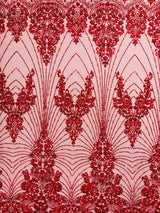 Royalty Damask Beaded Lace Fabric - Damask Pattern, Beaded Mesh, 54" Width (1 Yard)